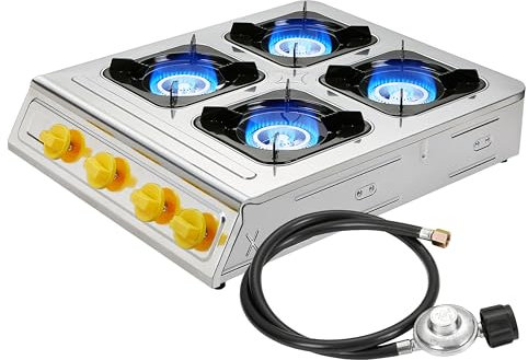 Vivicreate 4 Burner Propane Gas Stove 40000 BTU Stainless Steel Cooktop with Enamel Pan Support Electronic Ignition for Camping Outdoor Cooking BBQ Fogón de Estufa de Gas Portátil