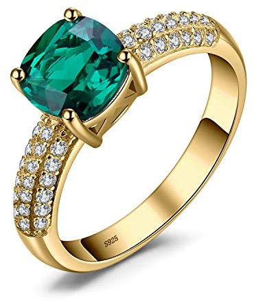 JewelryPalace Cushion Cut 1.8ct Simulated Emerald Solitaire Rings for Her, 14K Yellow Gold 925 Sterling Silver Promise Ring for Women, Green Gemstone Jewelry Sets Rings 6