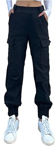 Nuofengkudu Harem Cargo Pantaloni Larghi alla Caviglia Elasticizzati Tasconi Elastico Vita Alta Polsino Pantalone con Tasche Laterali Lavoro Jogging Pants Sportivi Vintage Punk Casual Nero 4 L