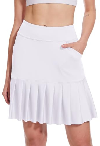 M MOTEEPI Tennisrock Damen Hosenrock Skirts Skort 19 Knielang Ruffle Saum Rock mit Hose Drunter Rock Damen Fahrradrock Golfrock Hohe Taille mit 3 Taschen Weiß 3XL