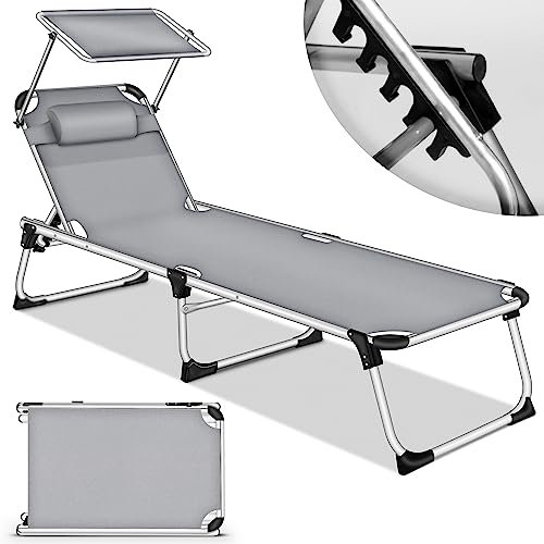 tillvex® Sonnenliege mit Dach und Kopfkissen | Gartenliege Liegestuhl klappbar | Strandliege mit Verstellbarer Rückenlehne | Aluminium Liege