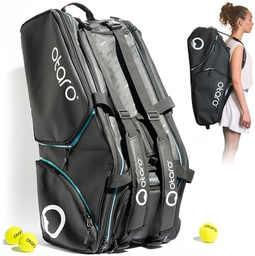 Otaro Tennistasche 82L (schwarz) mit Schuhfach & kühlenden Thermofächern – 3 in 1 Tragesystem, wasserabweisend, Laptopfach & viele Extrafächer – Tennis Bag für 4 Rackets, Tennisschläger Tasche