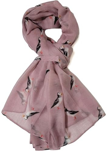 GFM® Damhalsduk med lunnefåglar och tryck - Mjuk och lätt - Vår/sommar, halsduk för alla årstider - Present till henne -Pf-33-Pink- (PSCF-PF-33-DGLB)