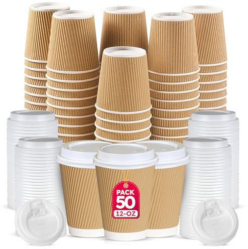 CHEF ROYALE 50x 12oz Disposable Kraft Ripple Paper Hot Coffee Cups with Lids - Paper Cups for Hot and Cold Drinks - Insulated Takeaway Coffee Cups for Eco-Friendly Hot Cups Birthday Party (50, 12oz)