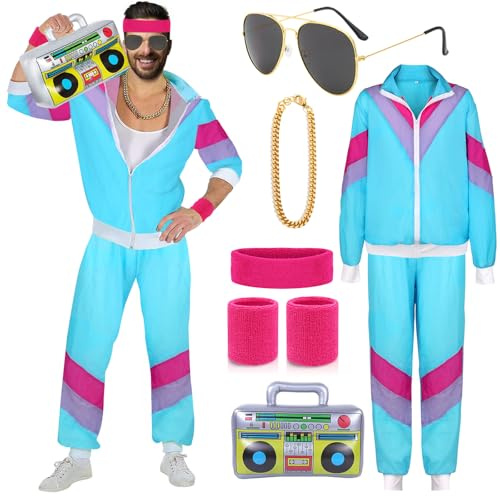 YADODO 90er 80er Jahre Outfit Herren Damen Trainingsanzug Jacke Hose Anzug 80er Accessoire 80er Jahre Kleidung Herren New Kids Kostüm 80iger Schlagerparty Bad Taste Outfit Karneval (L)