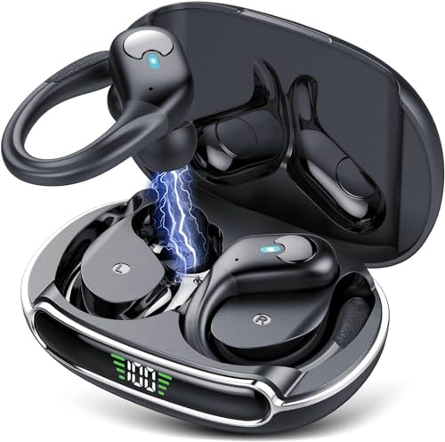 Wireless Earbuds Bluetooth 5.3,Headphones 90Hrs Playtime,IPX7 Waterproof,Power Display,Sport ear buds with Wireless Charging Case,Bass Over Ear Earphones with Mic for running Workout Gym (Black)