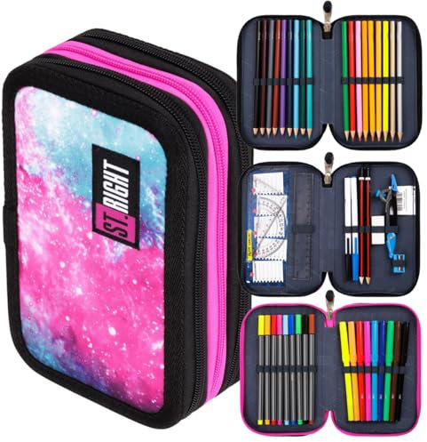 St. Right XXL Federtasche Federmappe Federmäppchen 46-teilig gefüllte Schüleretui 3-stöckig 19 x 13 x 7 cm, 3-Fach Schulstiftetui, dreifaches Federmäppchen Junge Mädchen NEBULA