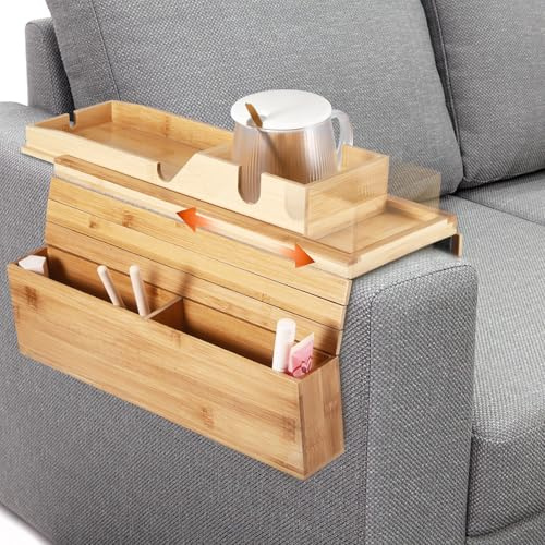 HOUSINN Bamboo Sofa Armrest Tray, Non-slip Couch Cup Holder, Adjustable Sofa Support, Side Table for Remote Control, Drink, Snacks, Magazine