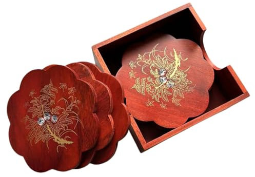 MAGICLULU Dessous De Plat en Bois Rouge De 6 Pièces avec Boîte De Rangement en Bois Massif, Coussins Isolants Thermiques Antidérapants, Protection pour Table, Usage La Cuisine Et Repas