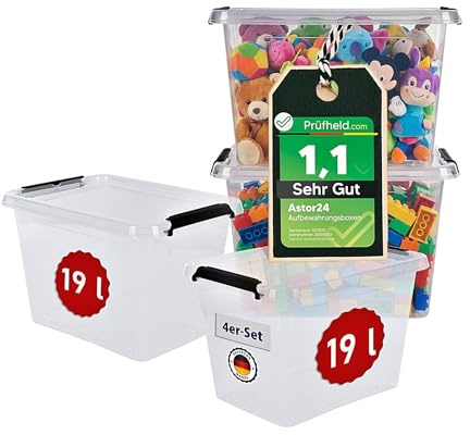 astor24 [Test SEHR GUT, NOTE 1.1] Aufbewahrungsboxen mit Deckel 4x 19 L, Aufbewahrungsbox, Aufbewahrung und Organisation, Organizer für Küche Büro Haushalt Schrank Werkstatt [MADE IN EUROPE]