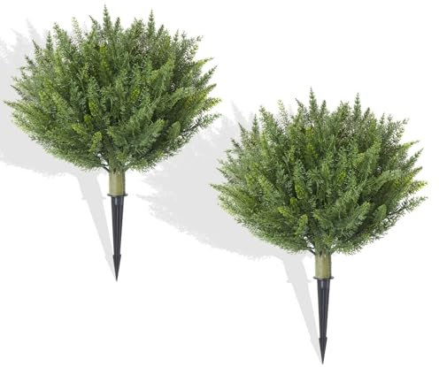 2 Stück künstliche Zypressen-Formschnittsträucher, 50,8 cm, UV-beständige künstliche Outdoor-Pflanzen mit Erdspießen, realistische Zedernsträucher für Veranda, Terrasse, Garten, Hofdekoration