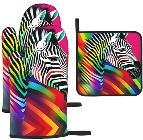 Colorful Rainbow Zebra Print Oven Mitts and Pot Holders Set,Cooking Mitts,Cooking Mitts and Pot Holders,Oven Gloves Set