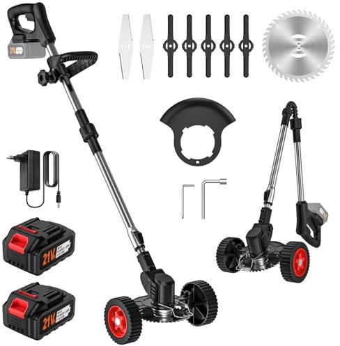 Debroussailleuse Electrique sans Fil 21V, Coupe Bordure sans Fil avec 2 x 3.0Ah Batterie et 3 Types De Lames, Tige Télescopique, Faible Bruit, Pliable Débroussailleuse à Batterie pour Jardin Élagage