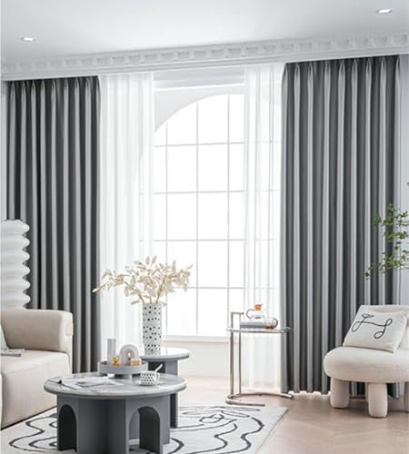 Epinki Verdunkelungsvorhang Extra Breit 2 Stück, Vorhang Verdunkelung Fenster Einfarbig Haken Vorhang Blickdicht Muster aus Polyester Haken für Deko Wohnzimmer Schlafzimmer Grau H160 x B86 cm