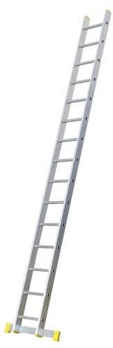 Bayersystem BS-DJ 1x15 Aluminium Anlegeleiter, 15 Sprossen, bis 150 kg belastbar, Leiterhöhe 3,99 m, max. Arbeitshöhe 4,75 m, Profi-Leiter, Stufenanlegeleiter, Silber/Gelb