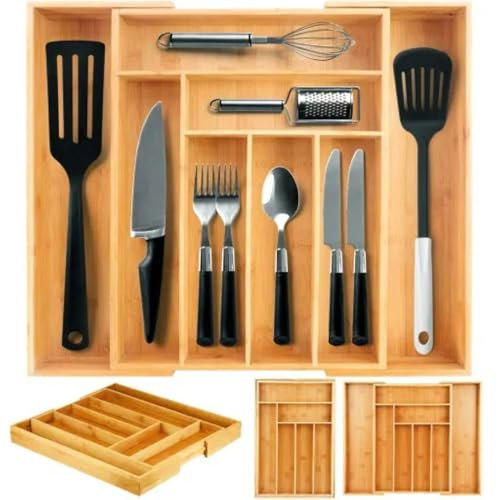 BEAUTIONA Besteckkasten für Schubladen aus Bambus - verstellbarer Schubladen Organizer Küche Holz - Besteckeinsatz für Schubladen ausziehbar - Schubladeneinsatz Küche - Cutlery Organizer