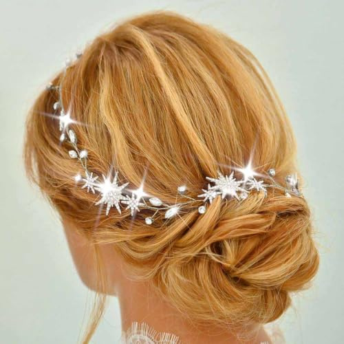 Unicra Star Silber Hochzeit Haar Rebe Strass Braut Stirnband Kristall Haarschmuck für Frauen und Bräute (Silber, One Size)