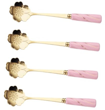 CONGARTENO 4piezas Cucharillas De Pastel y Postre Acero Inoxidable y Cerámica Diseño Floral Para