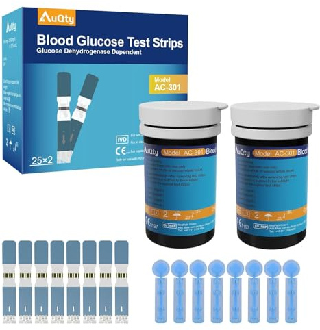 AuQty 50 Tiras de Prueba de Glucosa en Sangre con 50 Lancetas (Apropiadas para el medidor AC-301)