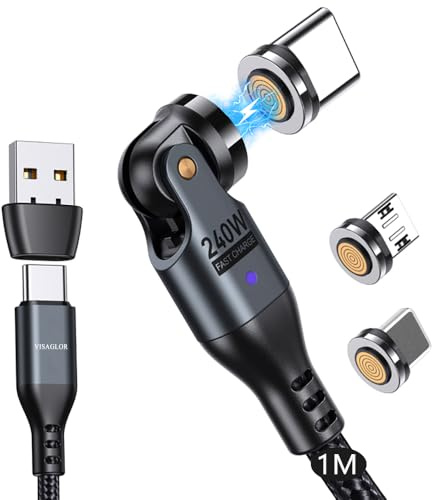 VISAGLOR 240W 9Pin USB C Magnet Ladekabel, 6 in 1 USB C/A Ladekabel Magnetisch 540° 48V/5A Schnelllade Magnetisches Datenkabel 1M für Typ C/Micro USB/iProducts/Ma-Book Pro