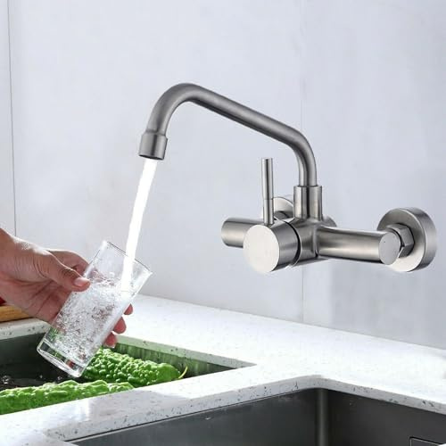Robinet de Cuisine Mural, Robinet Cuisine Mural Mitigeur en Acier Inoxydable, Rotatif à 360°, Aérateur Démontable