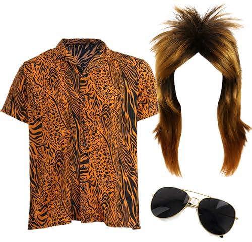 Adults 70s Rock Star Costume - XXX-Large - Tiger Print Shirt, Blonde Mullet Wig, Black Sunglasses - Mens 1970s Music Icon Festival Best of British Party Fancy Dress Costume