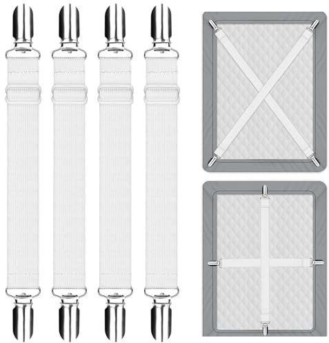 HDXH 4 PCS Bed Sheet Clips,Adjustable Bed Sheet Straps,Adjustable Bed Sheet Straps,Upgraded Elastic Sheet Fasteners for Bedding,Keep Your Sheets in Place(white,30CM-130CM)