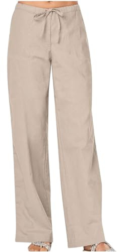 Linen Trousers Women Linen Trouser Womens UK Casual Smart Palazzo Pants Elasticated Waist Loose Fit Plain Cotton Linen Straight Leg Work Going Out Beach Pants with Pockets Khaki