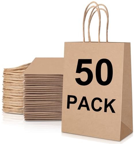 Aenienoe 50 Stück Papiertüten Kraftpapiertüten mit Henkel Geschenktüten Tüten Krafttaschen mit Griffen 21x15x8cm