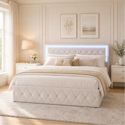 BRILVERDE Polsterbett 160x200 mit Stauraum, Doppelbett mit LED, Hydraulisch Stauraumbett, Jugendbett mit kopfteil und Lattenrost, Bettrahmen für Erwachsene, Samt (Beige, 160 x 200cm)