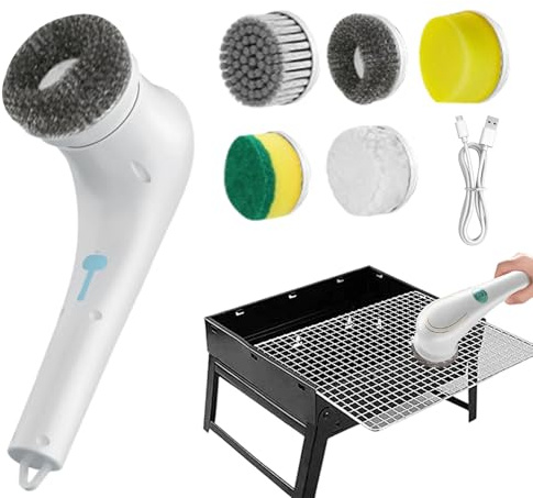 Heavy Duty Duster Tool - Electric Grill Brush, Barbecue Cleaner | Home Deep Cleaning Tasks, Rechargeable Cordless Waterproof Brush With 5 Replacement Heads For Oven