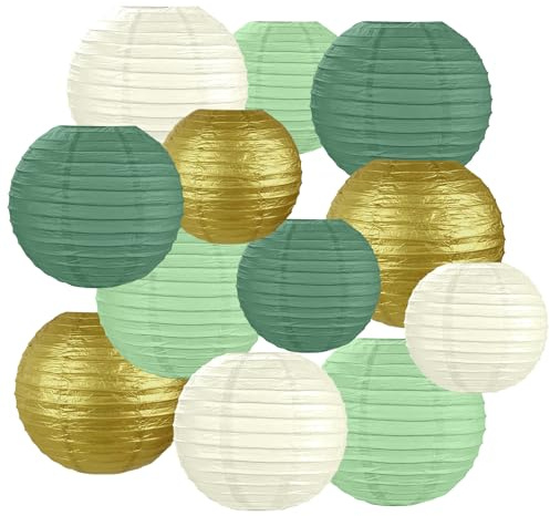 AOOSA Lanterne di carta, 12 Lanterna di Carta Rotonde da Appendere | 15, 20, 25 cm Lanterne Cinesi da Decorazione per decorazioni per la casa, feste, matrimoni, festival-Oro Avorio Verde Salvia
