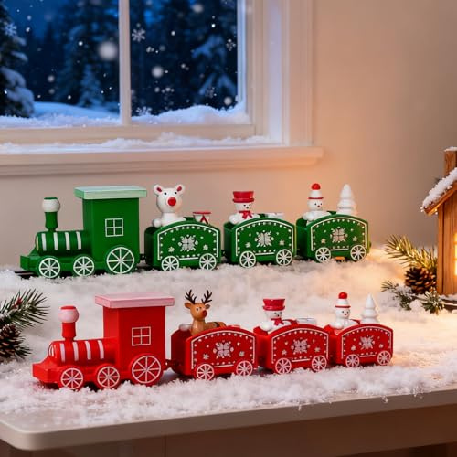 2 Stück Weihnachtszug Deko, Mini Weihnachtszug, Weihnachtsdeko Tisch mit Schneemann & Rentier, Festliche Tischdeko Weihnachten für Wohnzimmer, Kamin & Weihnachtsdeko Innen