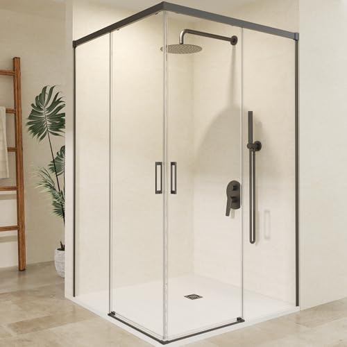 IMEX - Mampara Ducha Negra Dos Puertas 2 Fijas + 2 Correderas 90x80cm | Mampara de Cristal Reversible, Perfilería con Ancho Adaptable y 195cm de Altura | Vidrio con Grosor 6mm y Cierre Magnético