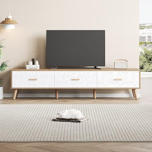 Generisch Téléviseur 150 cm panneau bas vintage, meuble TV en bois - table TV pour salon et chambre, bois clair, grains vintage avec revêtement de porte blanche