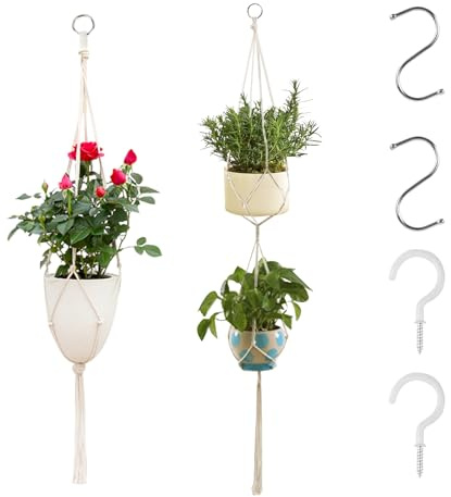 2 Stück Blumenampel Makramee Blumenampel Hängend Innen, Baumwollseil Hänge Pflanzenampel Hängend, Makramee Pflanzenhänger, Hängepflanzen Topf Innen Außen Balkon, Mit 2 S-Haken Und 2 Deckenhaken