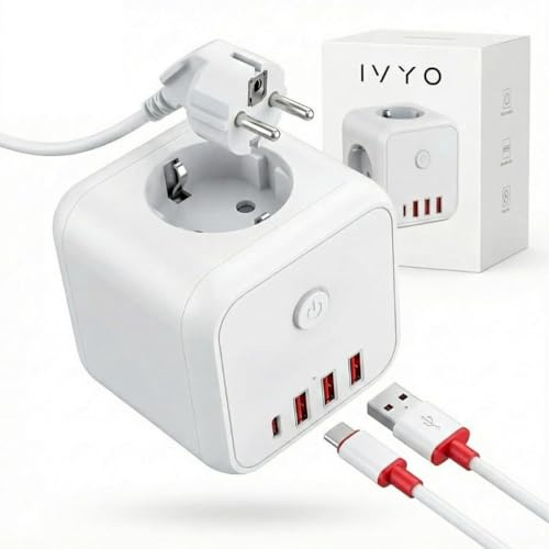 IVYO® Steckdosenwürfel 7-in-1 – Mehrfachstecker ohne Kabel mit USB-C – Universaler Steckdosenadapter & Organizer für jeden Raum – Leistungsstarke 4000W Ladestation aus feuerfesten Material