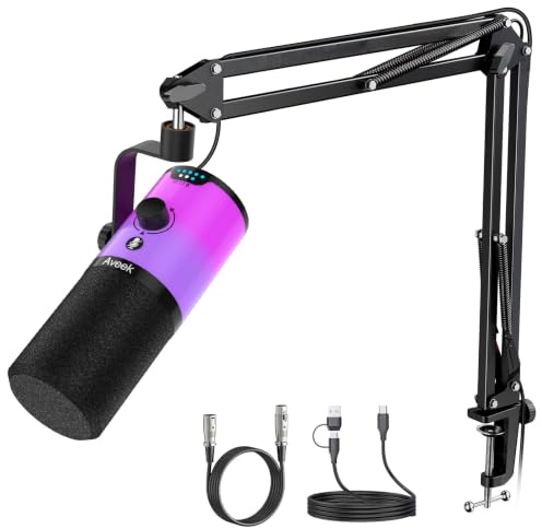 Aveek USB/XLR Dynamic Microphone with Boom Arm, One-Touch Mute & Noise Cancellation, 3-in-1 Control Knob for Gain/Volume/Mix, RGB Gaming Mic for PC, Streaming, Podcast, Recording，Vocal