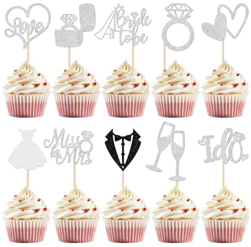 Bride to Be Cupcake Toppers, 30 PCS Bride To Be Cake Topper Hochzeit, mit Brautkleid, Ring, I Do, Miss to Mrs Musterdekoration, für Verlobung Hochzeiten Thema Party (C)