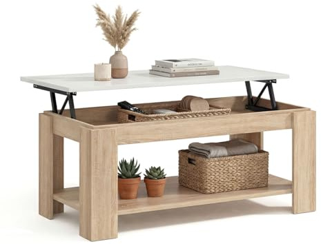 duehome | Mesa de Centro Elevable, Mesa Auxiliar, Modelo LYA, Acabado en Color Roble Canadian y Blanco Artik, Medidas: 102 cm (Largo) x 50 cm (Ancho) x 43-54 cm (Alto)