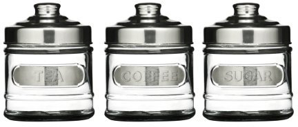 New Tea, Coffee And Sugar Jar Set Small Glass/Aluminium Lid.