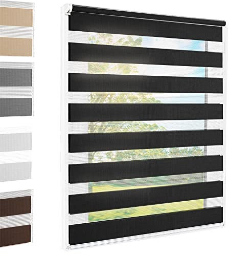 Doppelrollo Klemmfix ohne Bohren Schwarz 50x220 cm [Stoffbreite 46cm] Duo Rollo Fensterrollo für Fenster/Türen Gardine Klemmrollo Seitenzugrollo Sichtschutz Sonnenschutzrollo Zebrarollo