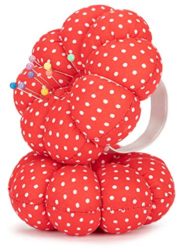 NEOVIVA 2 Stücke Nadelkissen Handgelenk für DIY Nähen Handwer, Tragbar Nähen Aufbewahrung Nähmaschinen Zubehör Sewing Pin Cushion mit Karte Nagel Elastischem Armband,Rot B