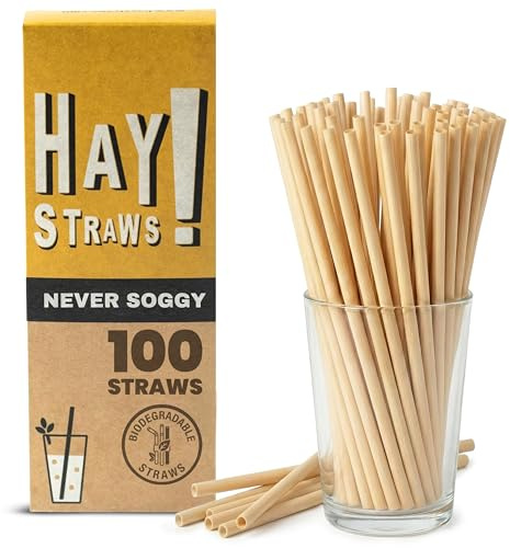 HAY! Straws® 7.75 Regular Drinking Straws | 100ct Disposable Natural Wheat Stem Straws | Never Soggy, Neutral-Taste | 100% Biodegradable | Alternative to Plastic and Bioplastic Straws