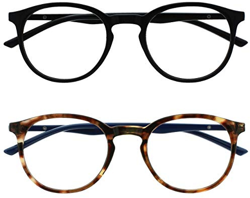 OPULIZE Met - Lesebrille Blaulichtfilter 2er Pack Schlank Runder Rahmen Federscharniere Verbessert Schlaf Computer Gaming Entspiegelt Schwarz Braun Herren Damen BB60-12 +1.50