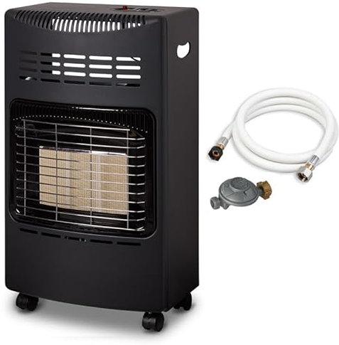 FAVEX - Chauffage d'appoint gaz 4200 - Prêt à l'emploi livré avec Tuyau et détendeur-Intérieur-Brûleur céramique Infrarouge-3 Puissances de Chauffe-jusqu'à 40 m², Acier, Noir