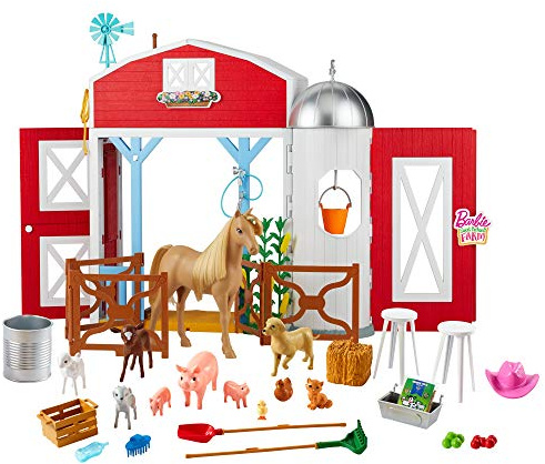 Barbie GJB66 - „Spaß auf dem Bauernhof“ Pferdehof Spielset mit Scheune, 11 Tieren, tollen Funktionen & 15 Teilen, Spielzeug für Kinder ab 3 Jahren