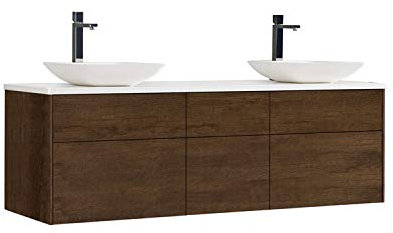 StoneArt Badmöbel Set Mineralguss Waschbecken Waschschale Aufsatzwaschbecken und Unterschrank Waschtisch Einzel- oder Doppelwaschbecken Venice VE-1610pro-2 Eiche dunkel 160cm