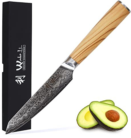 Wakoli Oribu Damast Küchenmesser Full Tang mit 12,5 cm Klinge – Kräutermesser aus 67 Lagen Damaststahl mit VG-10 Kern, Messer mit Olivenholzgriff in Geschenkbox - Messer scharf Kochmesser