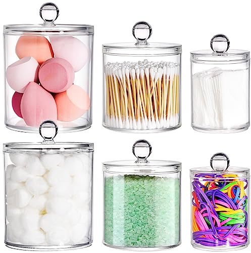 YOUEON 6 Pack Acrylic Apothecary Jars with Lids, 32/20/10 Oz Clear Cotton Ball & Pad Holder, Bathroom Canister Candy Jar for Bath Salt, Cotton Pads, Candies